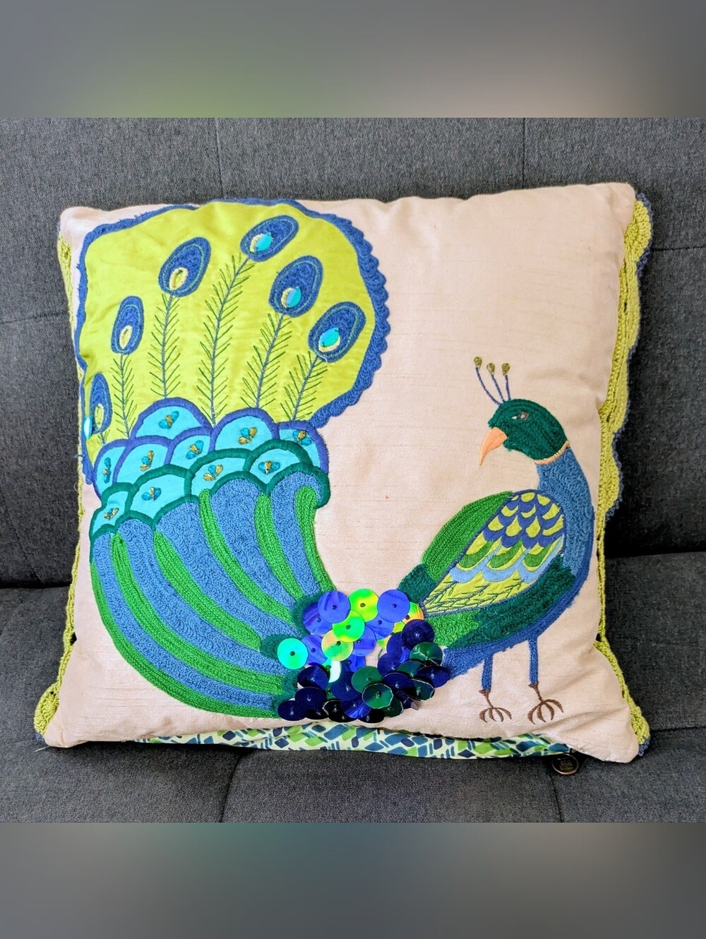 RARE Pier 1 Peacock Pillow& case  Embellished w/ Sequins Embroidered Peacock